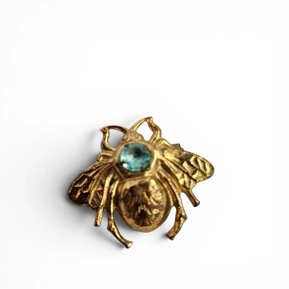 Vintage Midcentury Gold Tone Bumble Bee Brooch Blue Rhinestone Insect Pin Small